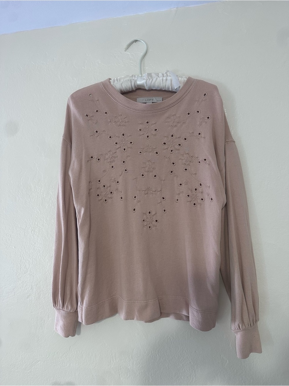 LOFT Dusty Rose Eyelet Floral Long Sleeve Sweatshirt
